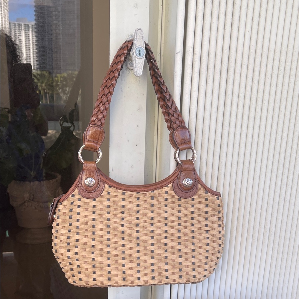 Brighton Braided Leather Handles Tan and Brown Woven Bag